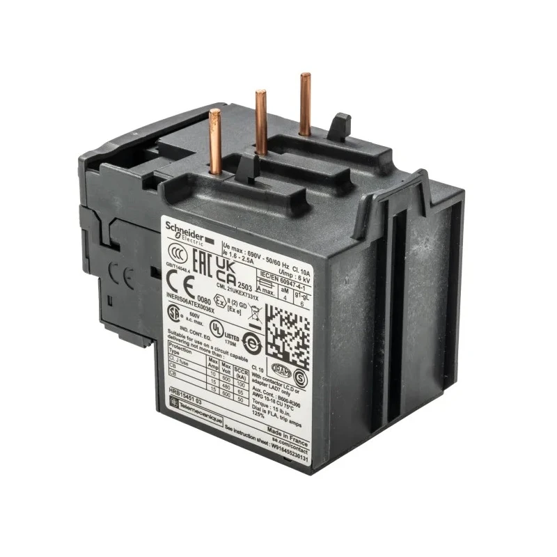 Schneider Electric Overload Relay 1 NO/1 NC, 1.6-2.5 A FLC Motor Rating, 750 W Power Rating, 690V AC Contact Voltage LRD07