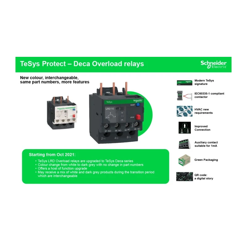 Schneider Electric Overload Relay 1 NO/1 NC, 1.6-2.5 A FLC Motor Rating, 750 W Power Rating, 690V AC Contact Voltage LRD07