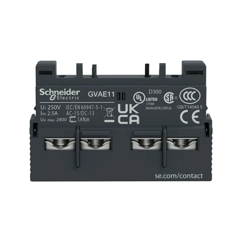 Schneider Electric Auxiliary Contact, 2 Contact, 1 NO/1 NC, Front Mount, 2.5 A, 60 V DC, 240 V AC GVAE11
