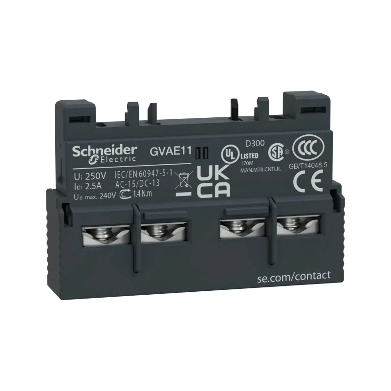 Schneider Electric Auxiliary Contact, 2 Contact, 1 NO/1 NC, Front Mount, 2.5 A, 60 V DC, 240 V AC GVAE11
