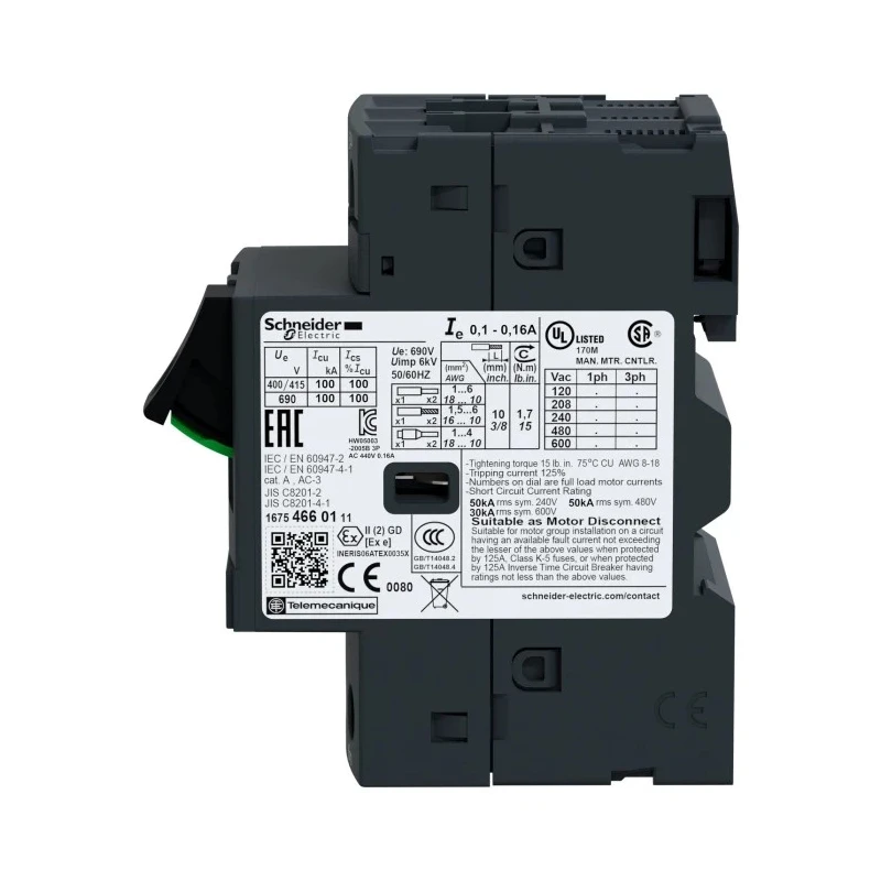 Schneider Electric Motor Protection Circuit Breaker 250mA-400mA, Thermal Magnetic, 690V, 3-Pole, IP20, -20°C to 60°C GV2ME