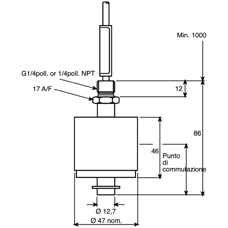 Gems Sensors Vertical, Horizontal Float Switch with 1 m Cable, Relay Output, Brass Housing, 220 V AC Max, 200 V DC 011-1900