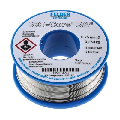 Felder Lottechnik Lead Solder Wire 0.75 mm Diameter 183 °C Melting Point Rosin Based Flux 250g 18.600.72037