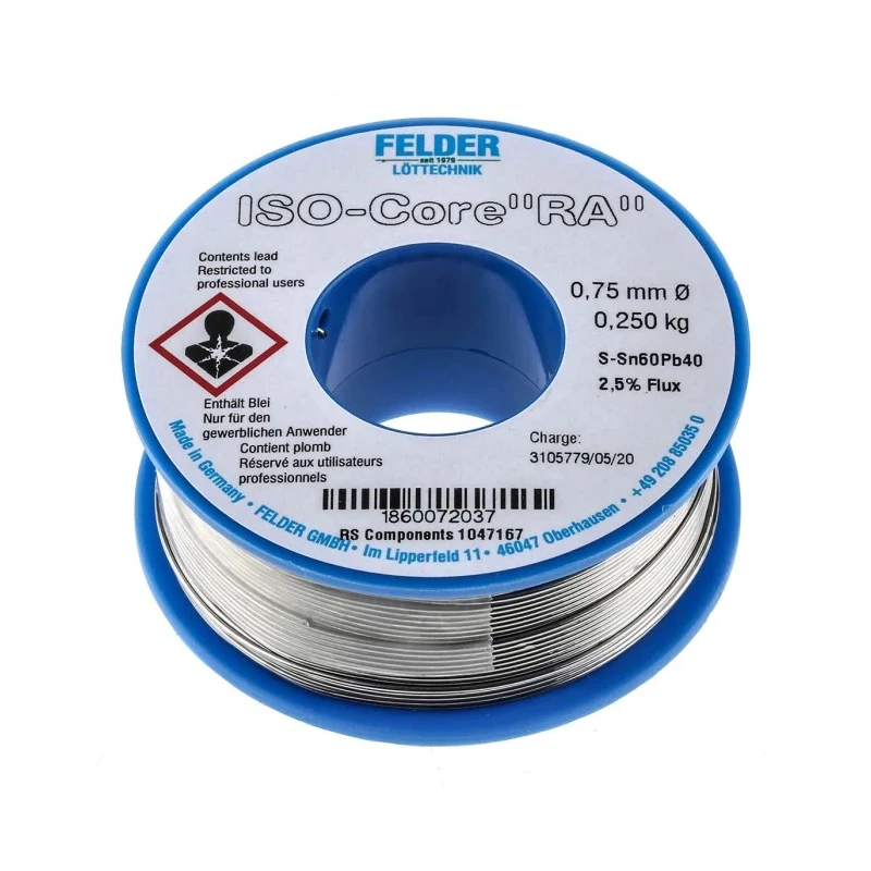 Felder Lottechnik Lead Solder Wire 0.75 mm Diameter 183 °C Melting Point Rosin Based Flux 250g 18.600.72037
