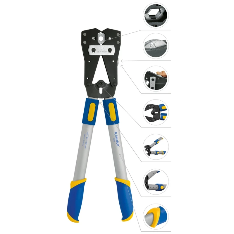 Klauke Hand Crimp Tool, 750 mm Length, Hand Operation, Ratchet Mechanism, High-Quality Hexagonal Crimping K09