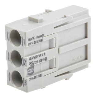 Harting Heavy Duty Power Connector Module 40A 500V 3 Contacts Male Cable Mount Polycarbonate Contact 09140033002