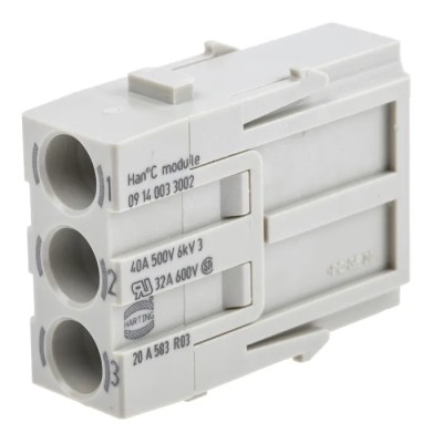 Harting Heavy Duty Power Connector Module 40A 500V 3 Contacts Male Cable Mount Polycarbonate Contact 09140033002