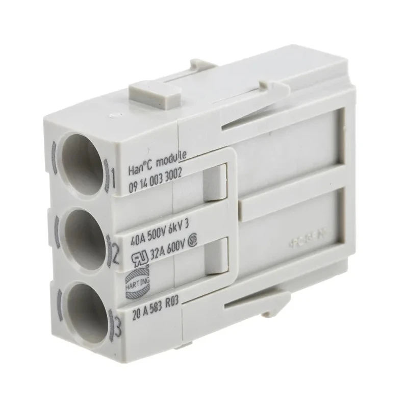 Harting Heavy Duty Power Connector Module 40A 500V 3 Contacts Male Cable Mount Polycarbonate Contact 09140033002