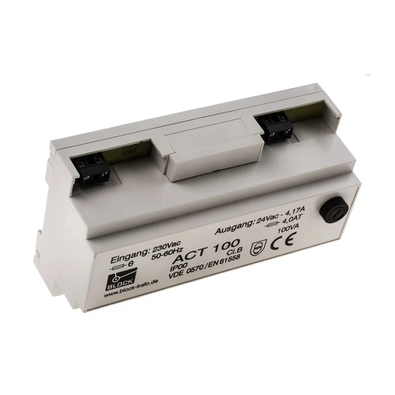 Block 100 VA DIN Rail Transformer 230 V ac Primary 24 V ac Secondary Panel Mount ACT100