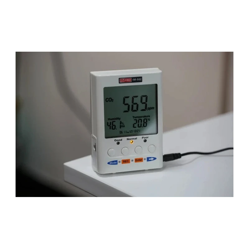 RS PRO Data Logging Air Quality Monitor Mains-Powered, Temperature 0-50 °C, Humidity up to 95 %RH, CO2 0-9999 ppm IM-502