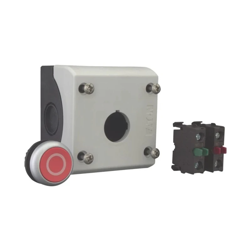 Eaton Momentary Enclosed Push Button SPDT Plastic 22mm Cutout Diameter IP69K Red 216521 M22-D-R-X0/KC11/I