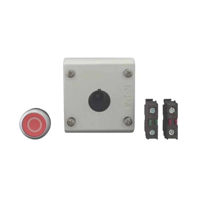 Eaton Momentary Enclosed Push Button SPDT Plastic 22mm Cutout Diameter IP69K Red 216521 M22-D-R-X0/KC11/I