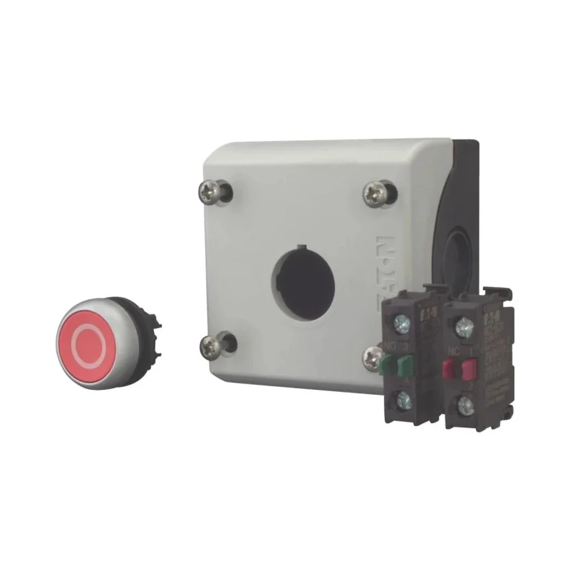 Eaton Momentary Enclosed Push Button SPDT Plastic 22mm Cutout Diameter IP69K Red 216521 M22-D-R-X0/KC11/I