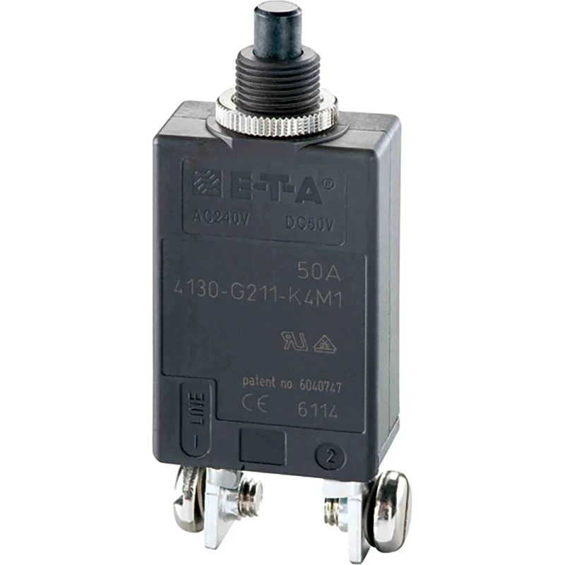 ETA High Performance Thermal Circuit Breaker 50A Current Rating 1-Pole Panel Mount 240V AC 50V DC 4130-G211-K4M1-50A