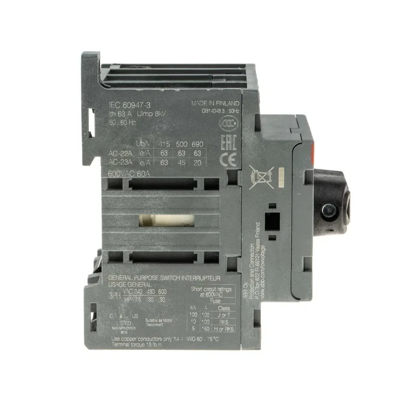 ABB 4-Pole DIN Rail Non-Fused Isolator Switch, IP20, 63A, 560kW, Screw Terminal, 3 Phase OT63F4N2 1SCA105365R1001