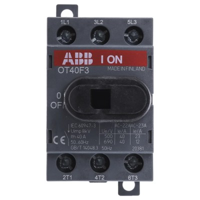 ABB 3-Pole DIN Rail Non-Fused Isolator Switch, 40A, 560kW, IP20 OT40F3 1SCA104902R1001
