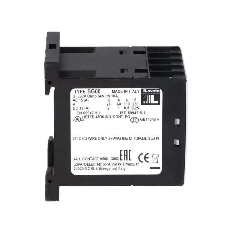 Lovato Electric BG Contactor Relay 24V AC Coil Voltage 4-Pole 10A Contact Current 3 NO 1 NC Configuration 690V 11BG0031A024