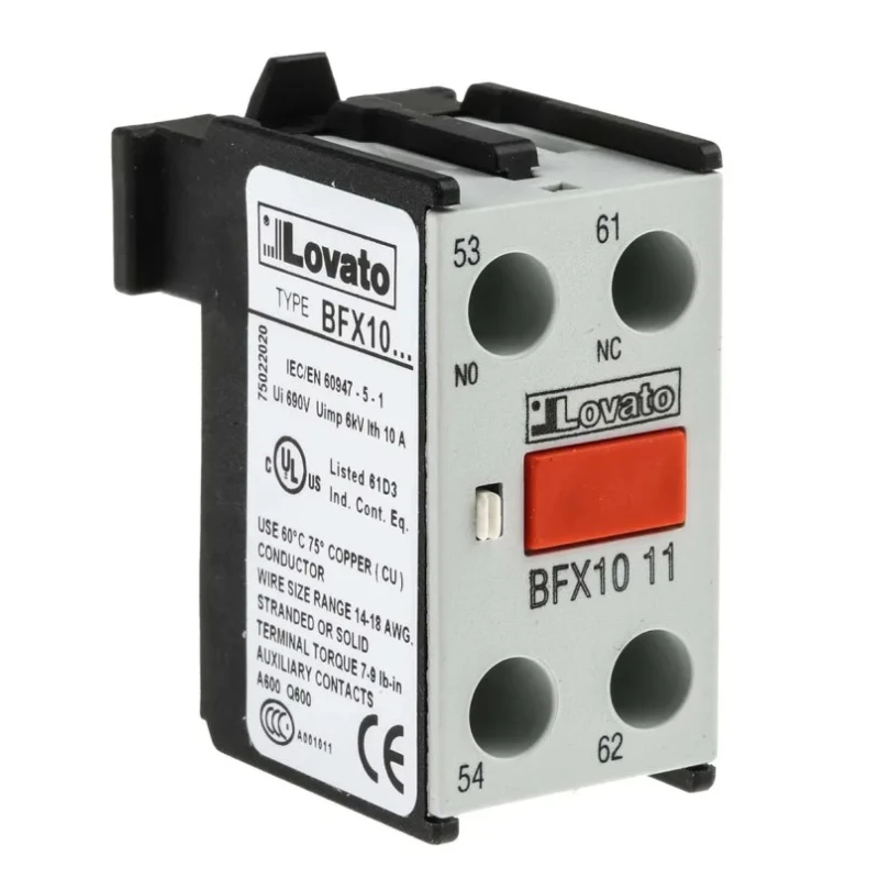 Lovato Electric Auxiliary Contact Block, 2 Contact, 1 NO/1 NC, Snap-On Mount, 10 A, 690 V, BFX1011