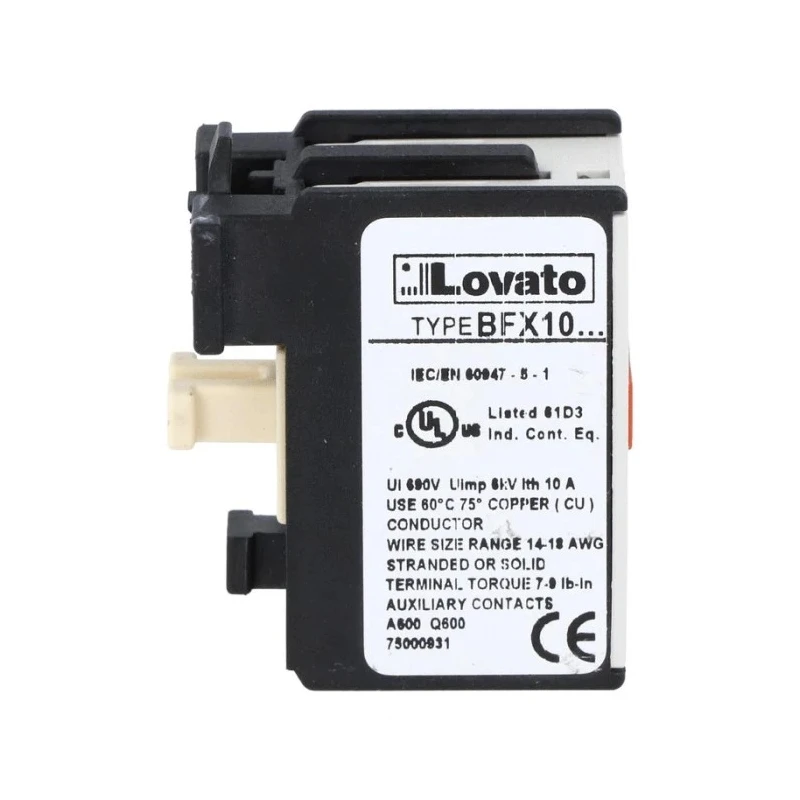 Lovato Electric Auxiliary Contact Block, 2 Contact, 1 NO/1 NC, Snap-On Mount, 10 A, 690 V, BFX1011