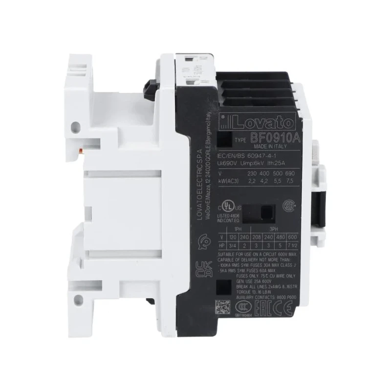 Lovato Electric BF Contactor, 3-Pole, 400V AC Coil, 9 A, 4 kW Power Rating, 3 NO Auxiliary Contacts BF0910A400