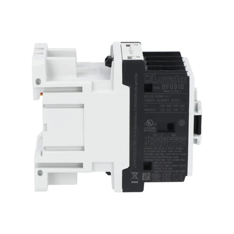 Lovato Electric BF Contactor 24V DC Coil, 3-Pole, 9A, 4.2kW, 3 NO Auxiliary Contacts, 440V AC BF0910D024