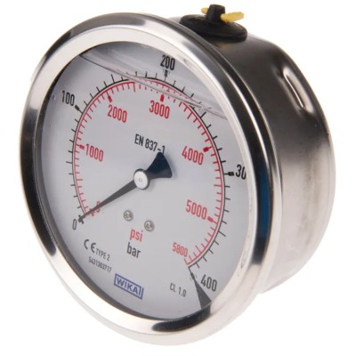 WIKA 100 mm 1/2 in Threaded Stainless Steel Case Pressure Gauge 400 bar 7656102