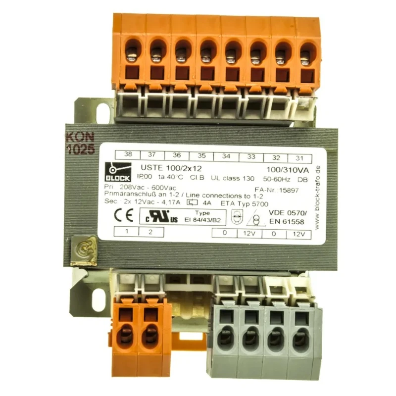 Block 2 Output 100 VA Chassis Mount Transformer, 2 x 12 V AC, Universal Input 208-600 V AC, cUL UL VDE USTE100/2X12