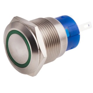 RS PRO Illuminated Momentary Push Button Switch Panel Mount 19.2 mm Cutout SPDT Green LED IP67 250V 5A 111-3773