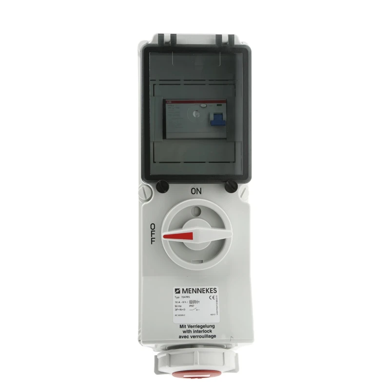 MENNEKES Wall Mount Receptacle, Rated At 16A, 400V, IP67, White Red, 5 Pole, Interlocked, Screw Terminal 