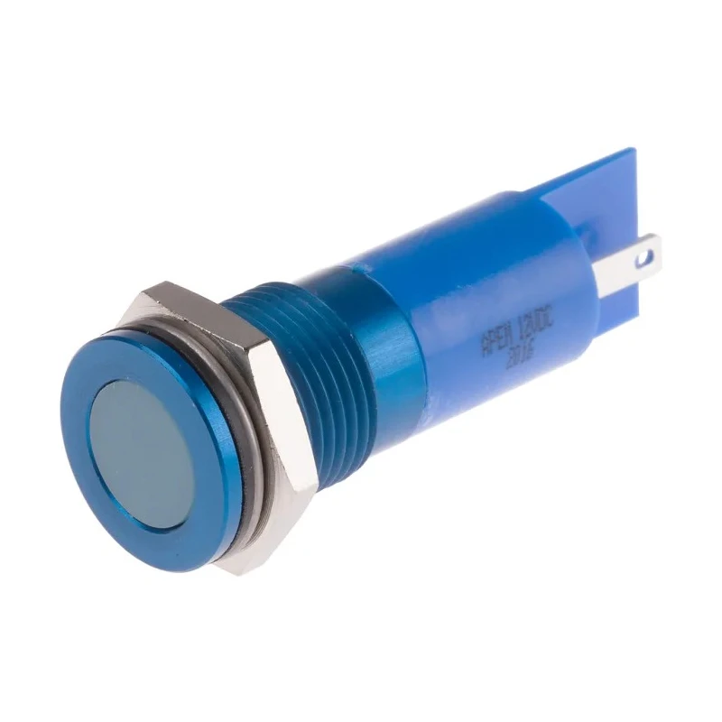RS PRO Blue Panel Mount Indicator 12V DC 20mA Solder Lug Termination Flush Bezel IP67 111-6565