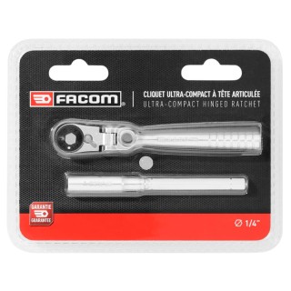 Facom 1/4 in Ratchet with Tube Handle, Satin Chrome Finish, Chrome Vanadium Steel Material, 115mm Overall Length R.180PB