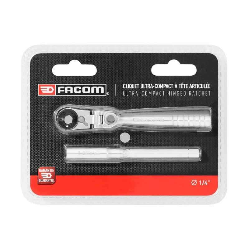 Facom 1/4 in Ratchet with Tube Handle, Satin Chrome Finish, Chrome Vanadium Steel Material, 115mm Overall Length R.180PB