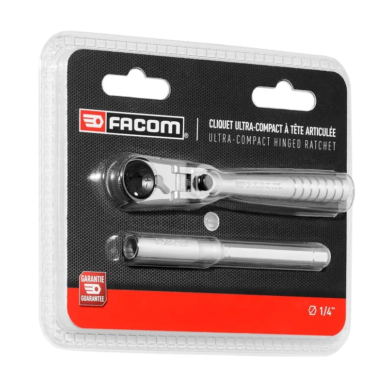 Facom 1/4 in Ratchet with Tube Handle, Satin Chrome Finish, Chrome Vanadium Steel Material, 115mm Overall Length R.180PB