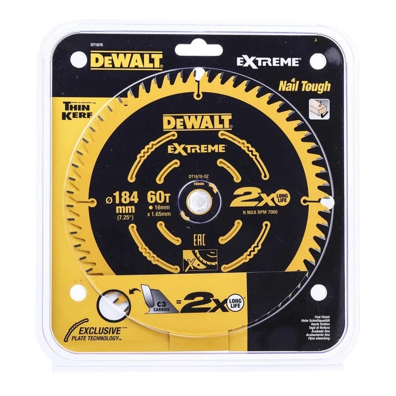 DeWALT Circular Saw Blade Carbide 60 Teeth 184 mm Diameter 1.65 mm Kerf Thickness DT1670-QZ