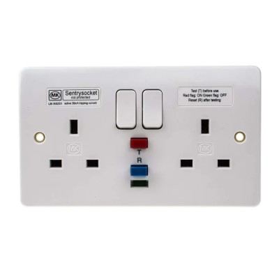 MK Electric Logic Plus 13A Active 2 Gang RCD Socket Flush Switched BS 1363 IP2XD IP41 IP4X 240V AC White 8mm K6231 WHI