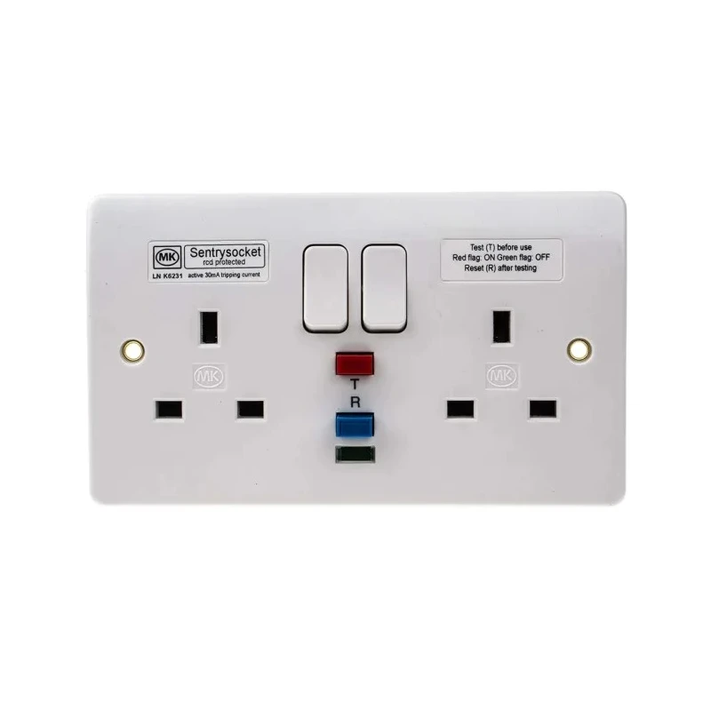MK Electric Logic Plus 13A Active 2 Gang RCD Socket Flush Switched BS 1363 IP2XD IP41 IP4X 240V AC White 8mm K6231 WHI