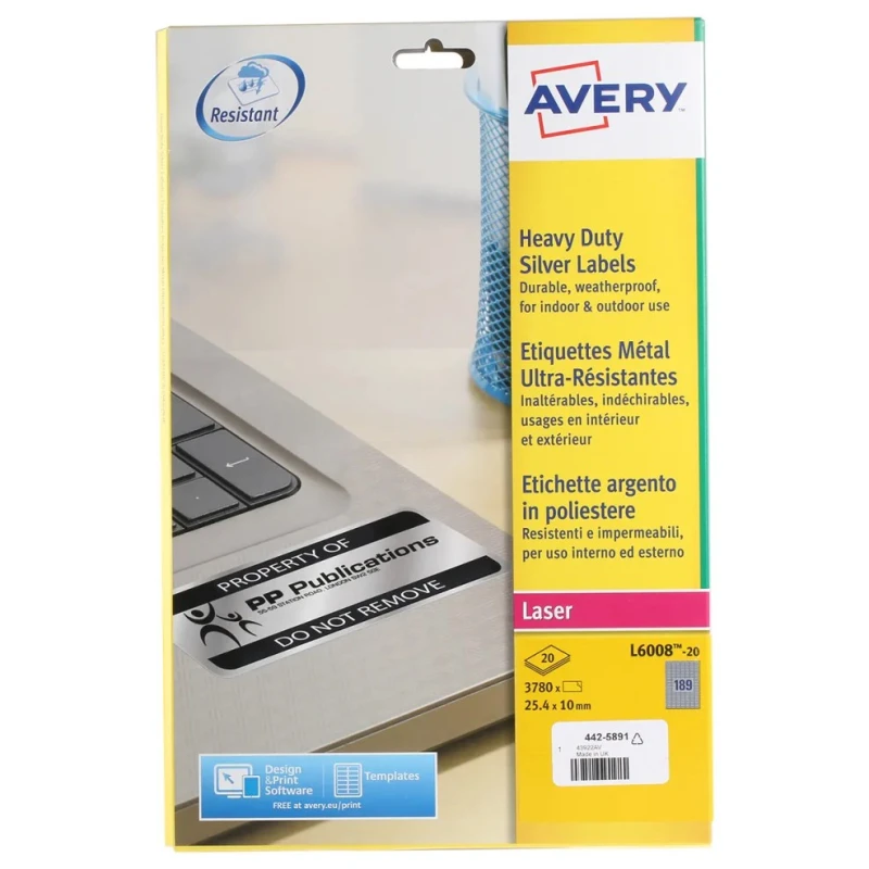 Avery Silver Adhesive Heavy Duty Label Sheet Laser Printer Compatible 25.4mm x 10mm Pack of 20 L6008-20.UK