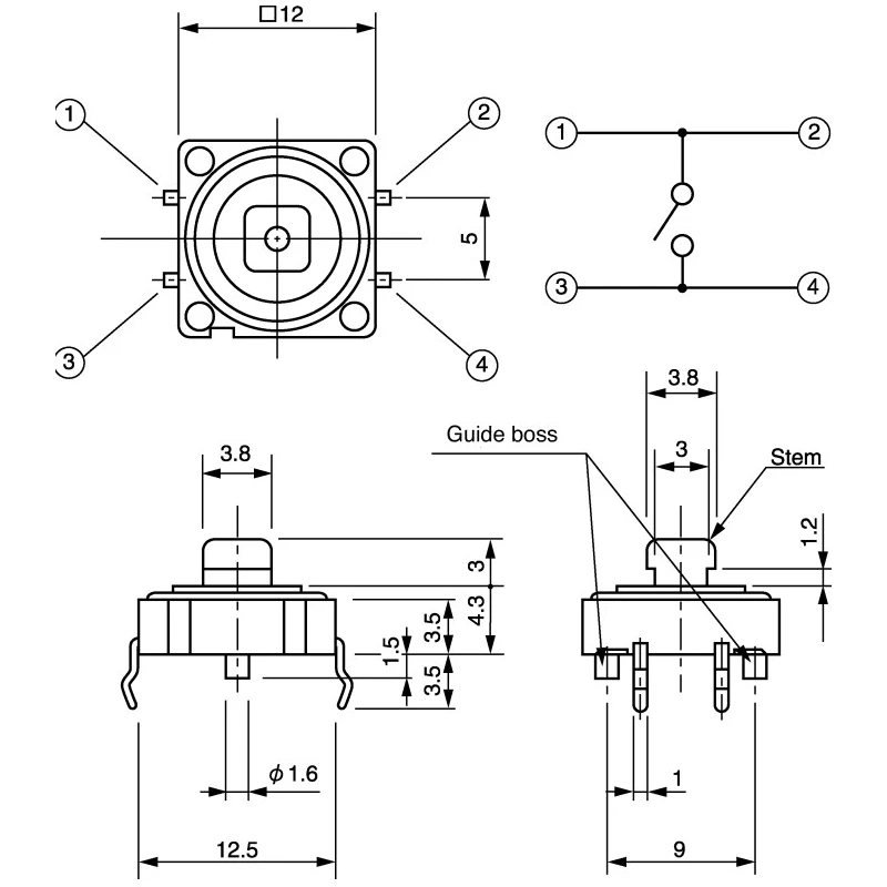 Alps Alpine Black Tactile Switch Button SPST 50mA 12V dc PCB Mount, Actuator 3 mm SKHCBEA010