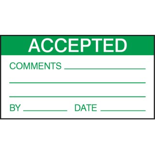 RS PRO Pre-Printed Adhesive Label ACCEPTED Green Text on White Vinyl Self-Adhesive 70mm x 38mm 30 Per Pack 445-3997
