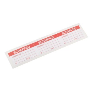RS PRO Pre-Printed Adhesive Label with Red 'Scrapped' Text, Vinyl, 70mm x 38mm, Pack of 30 445-4063