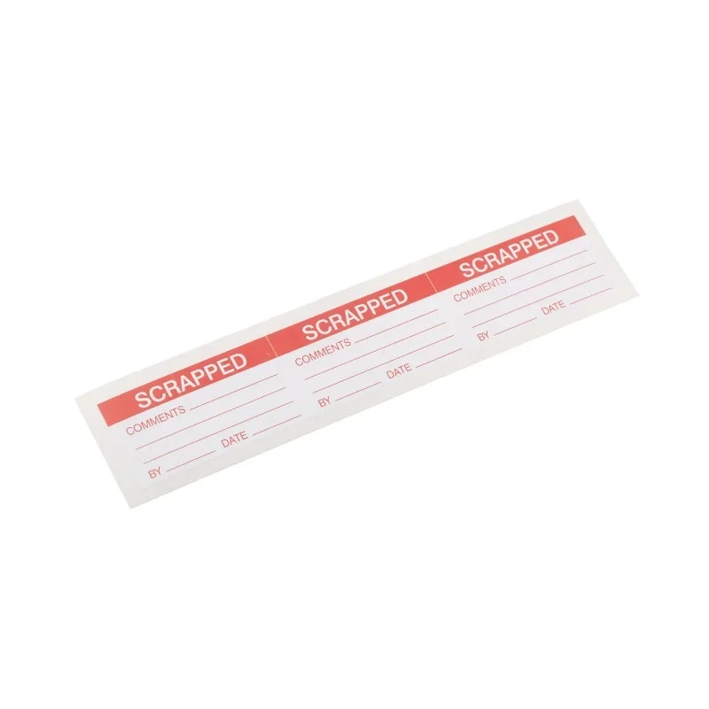 RS PRO Pre-Printed Adhesive Label with Red 'Scrapped' Text, Vinyl, 70mm x 38mm, Pack of 30 445-4063