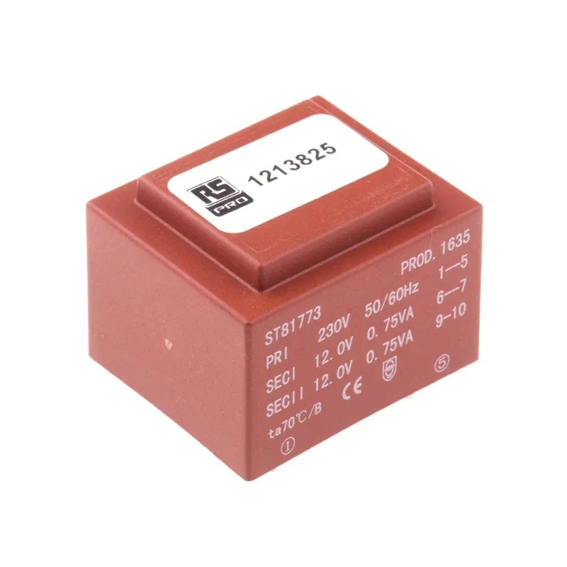 RS PRO PCB Transformer 2 x 12 V AC 2 Output, 230 V Primary, 1.5 VA, Independent Secondary, PCB Mount 121-3825
