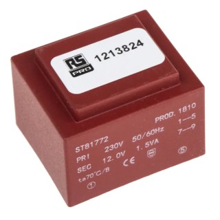 RS PRO 1 x 12 V ac 2 Output PCB Transformer, 1.5 VA, PCB Mount, Standards IECBSEN 615581, ASNZS 61558.6, ASNZS 121-3824