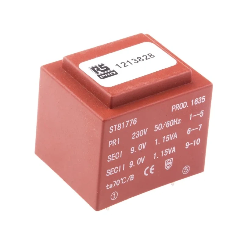 RS PRO 2 x 9 V AC 2 Output PCB Transformer, RoHS, CE, IECBSEN 61558-6, IECBSEN 61558-1, ASNZS 61558.1 121-3828