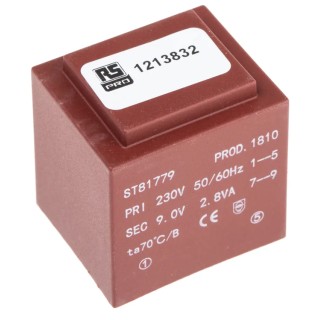 RS PRO 1 x 9 V AC 2 Output PCB Transformer, 2.8 VA, PCB Mount, IECBSEN 615586, ASNZS 61558..6, RoHS, CE 121-3832