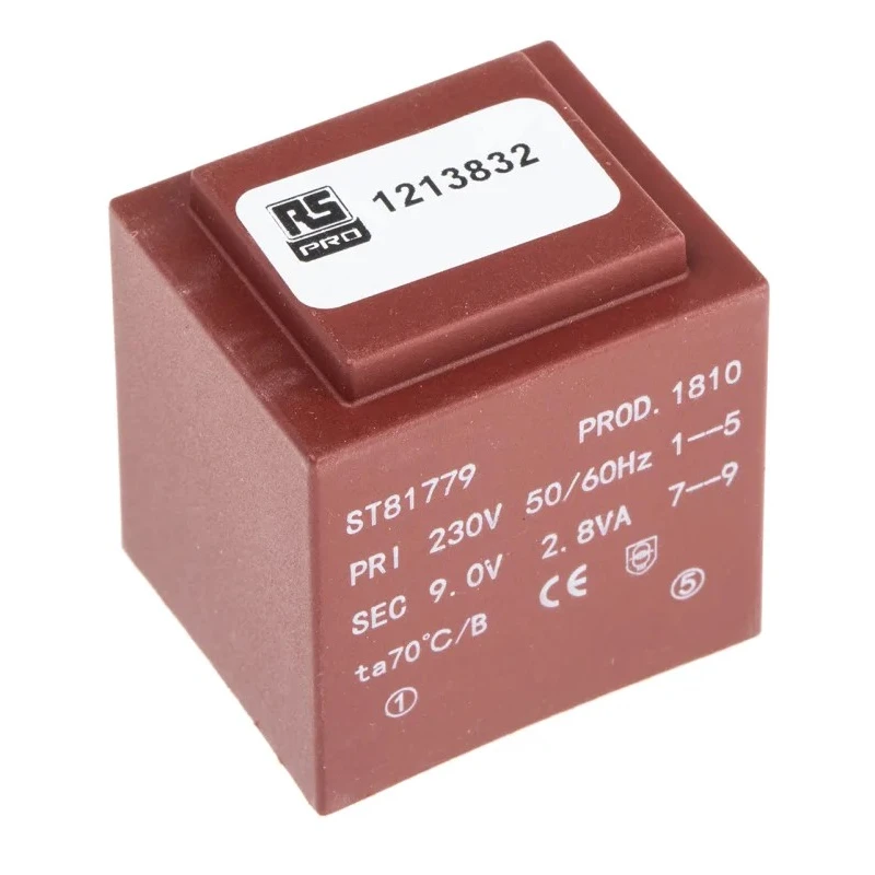 RS PRO 1 x 9 V AC 2 Output PCB Transformer, 2.8 VA, PCB Mount, IECBSEN 615586, ASNZS 61558..6, RoHS, CE 121-3832