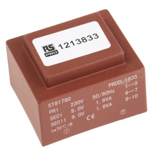 RS PRO 2 x 9 V AC 2 Output PCB Transformer IEC/BS/EN 61558-2-6, AS/NZS 61558.2.6, CE, AS/NZS 61558.1, IEC/BS/EN 121-3833