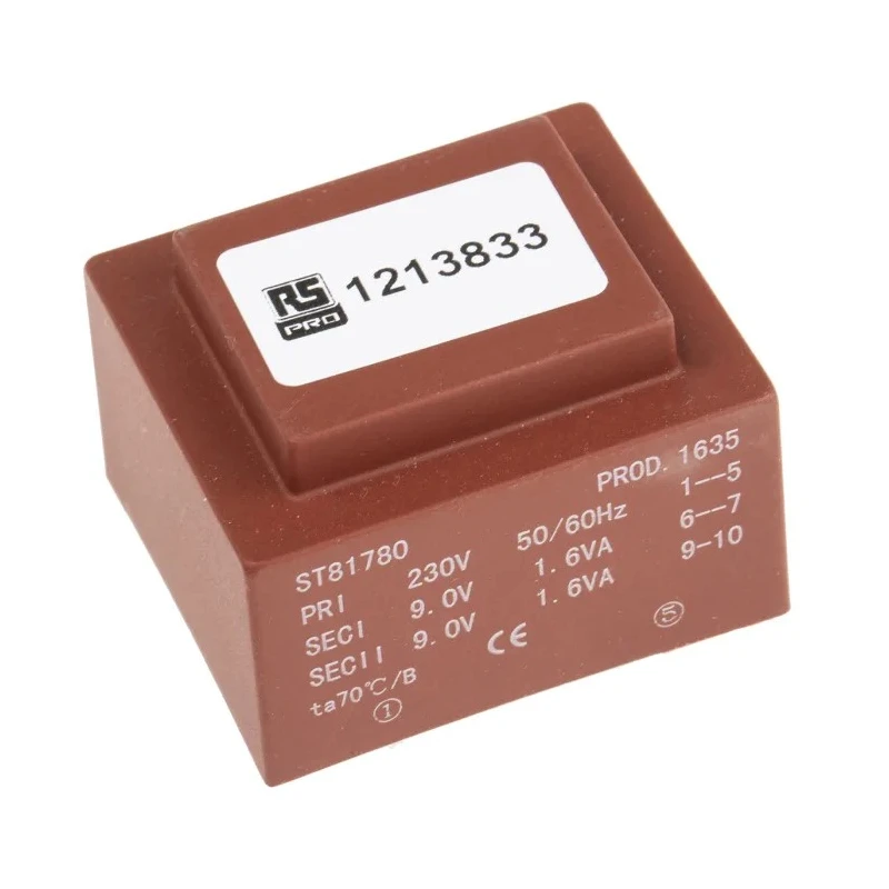 RS PRO 2 x 9 V AC 2 Output PCB Transformer IEC/BS/EN 61558-2-6, AS/NZS 61558.2.6, CE, AS/NZS 61558.1, IEC/BS/EN 121-3833