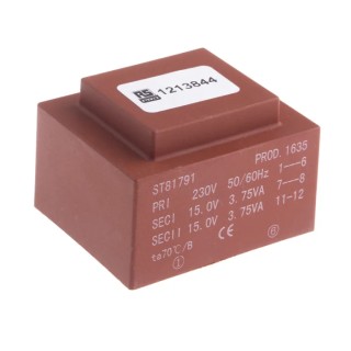 RS PRO 2 x 15 V AC 7.5 VA 2 Output PCB Transformer with 230 V AC Primary, PCB Mount 121-3844