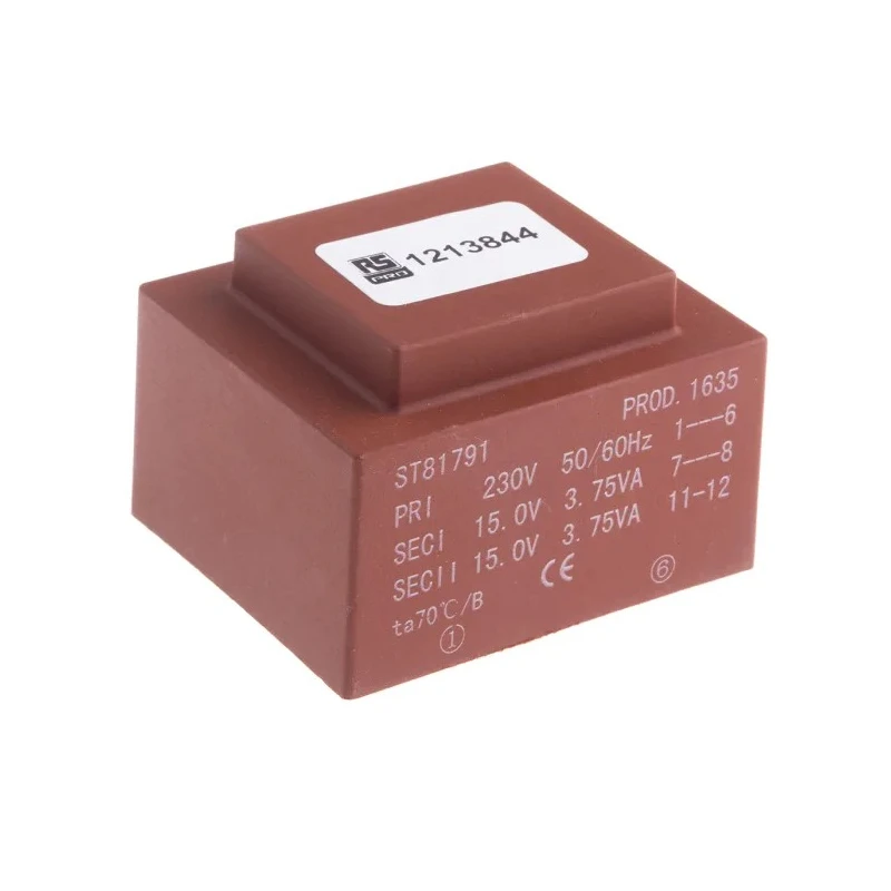 RS PRO 2 x 15 V AC 7.5 VA 2 Output PCB Transformer with 230 V AC Primary, PCB Mount 121-3844
